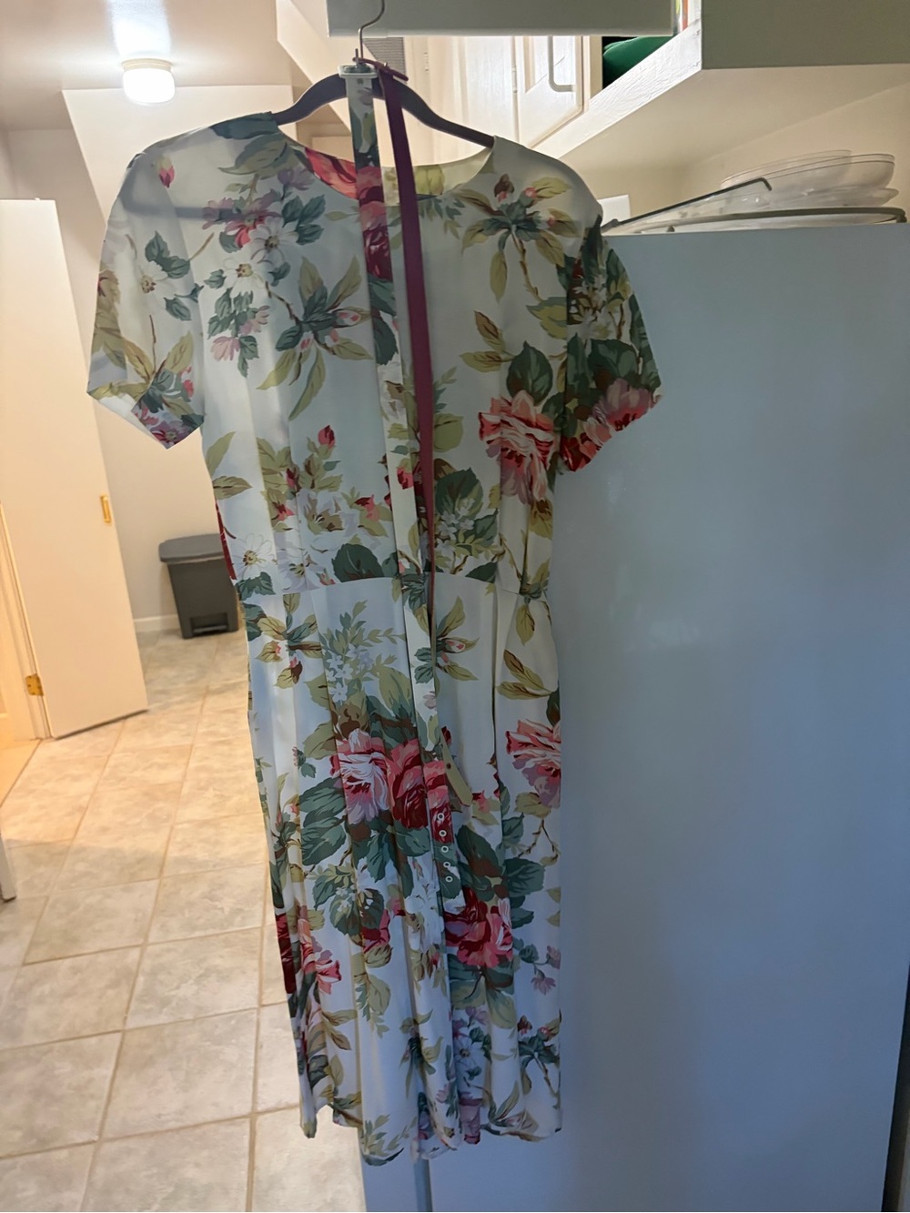 Ivory Floral Short-Sleeve Midi Dress with Pink & Green Blooms